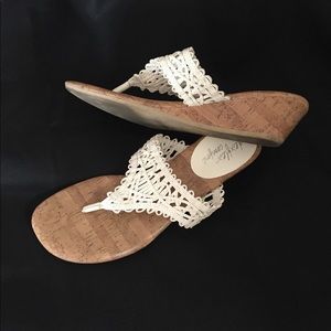 Lace sandals with cork heel